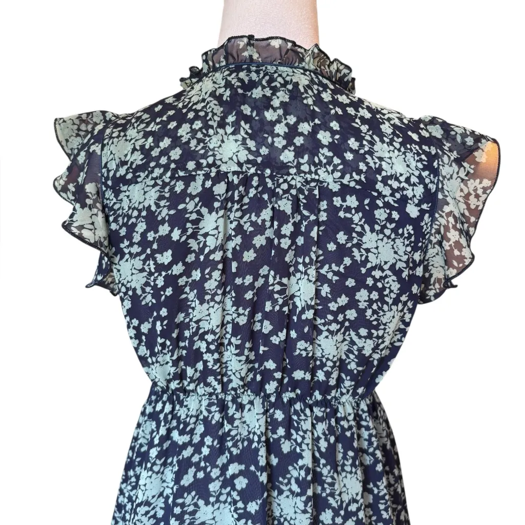 Papillon Floral Print Cap Sleeve V Neck Dress Ruffle Trim Lined Size Medium - Image 5
