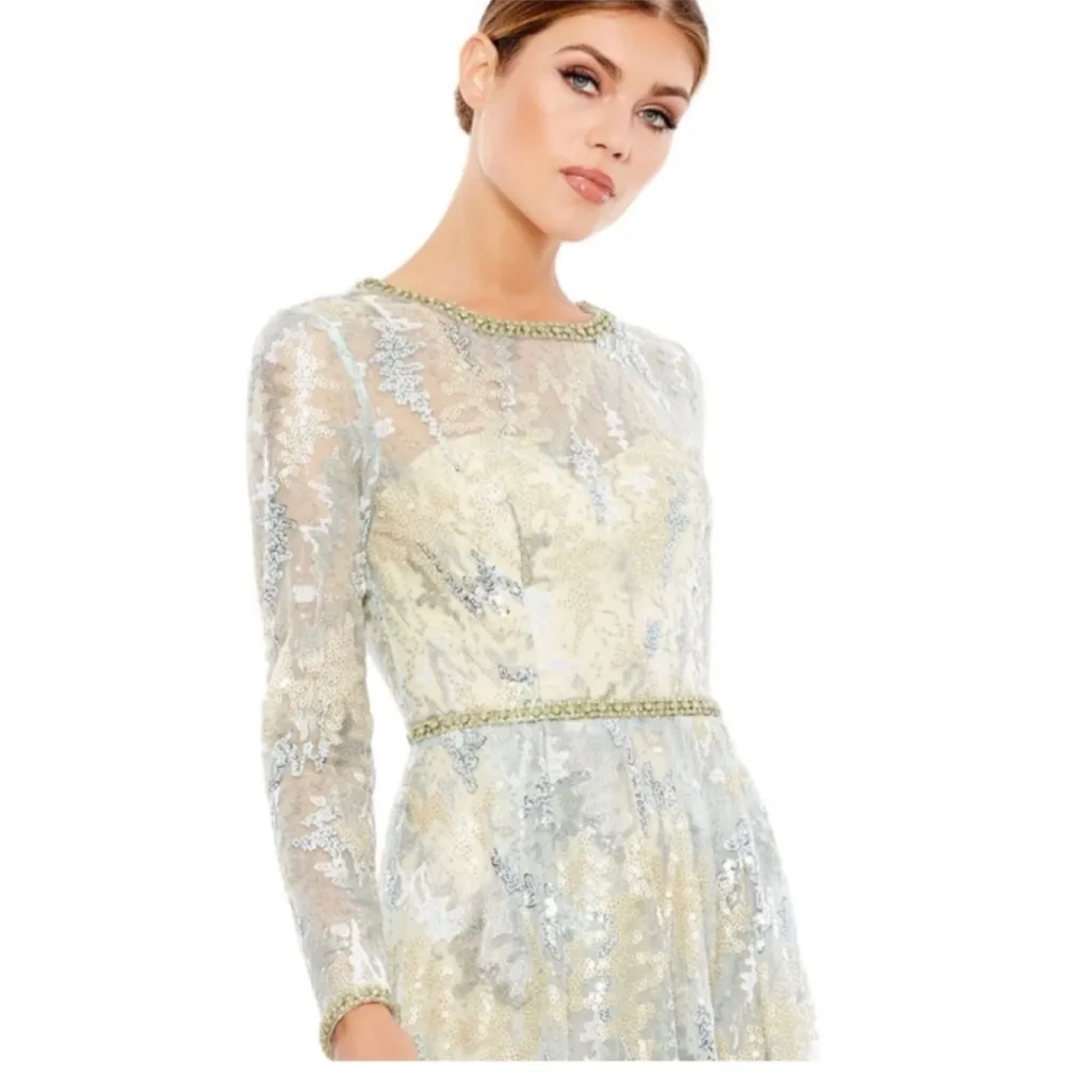 NWT Mac Duggal Long Sleeve Embellished Mesh Gown in Platinum 12460 Sz 8 Wedding - Image 3