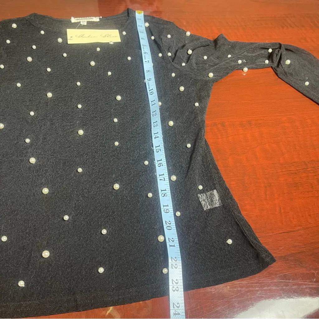 Amber Skies Pearl Embellished Sheer Mesh Top Black Cocktail Glam Whimsigoth XL - Image 11