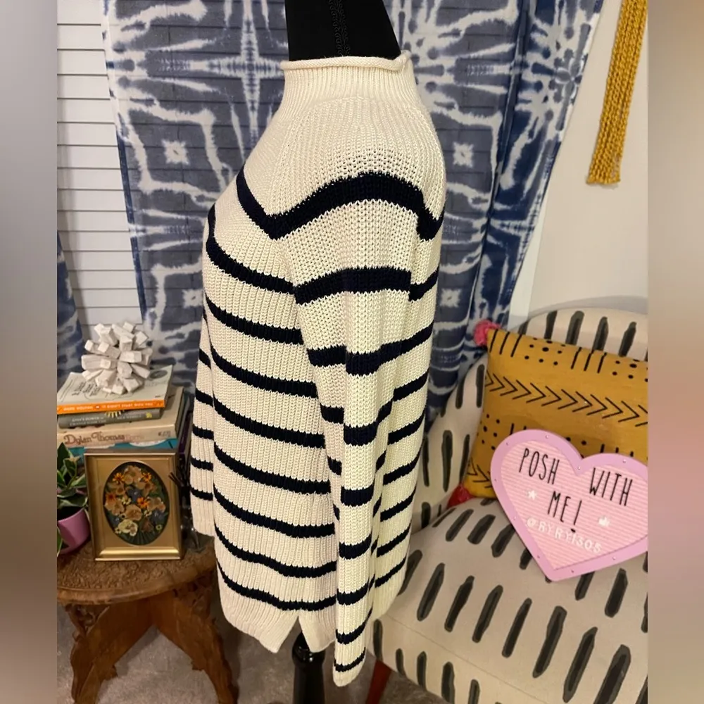 ⚓️Women’s Talbots Striped Cotton Shaker Stitch Roll Neck sweater Cream & Navy PM - Image 7