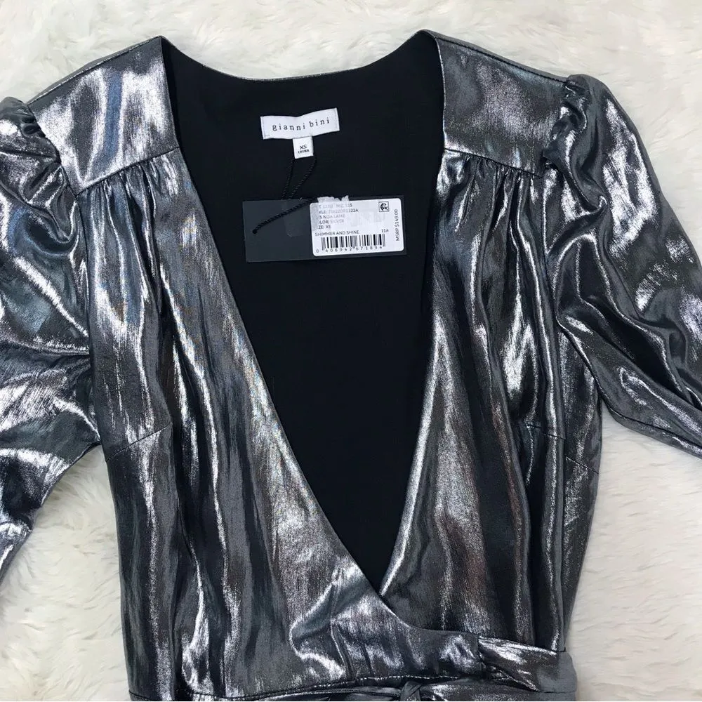 GIANNI BINI Silver Metallic Mini Wrap Dress Long Sleeve Party Pewter Size XS New - Image 5