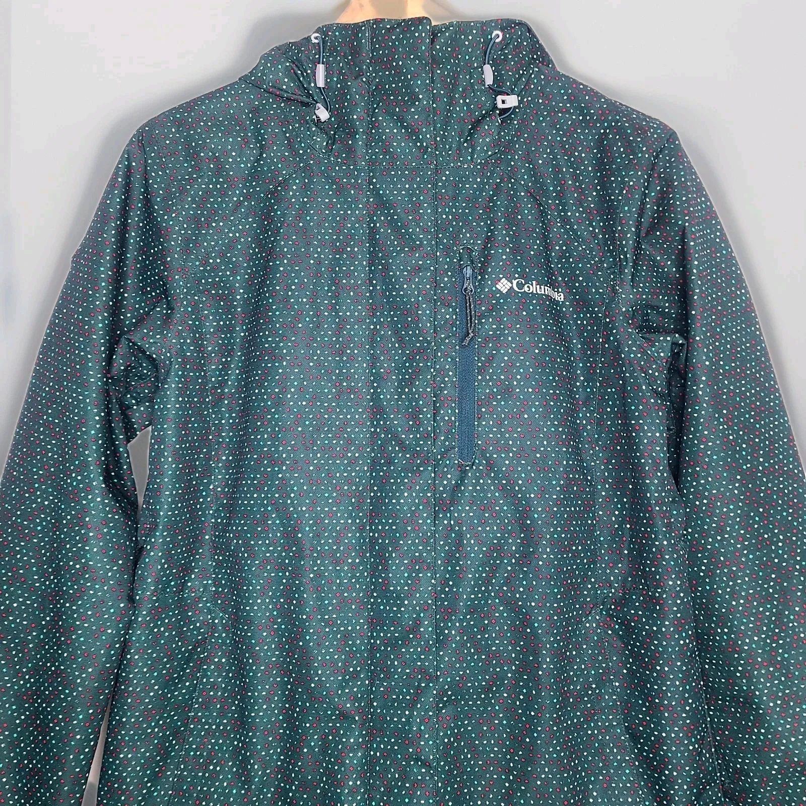 Columbia Interchange Omni-Tech Jacket Hooded Green Red Dots Women's‎ Size Small - Image 2