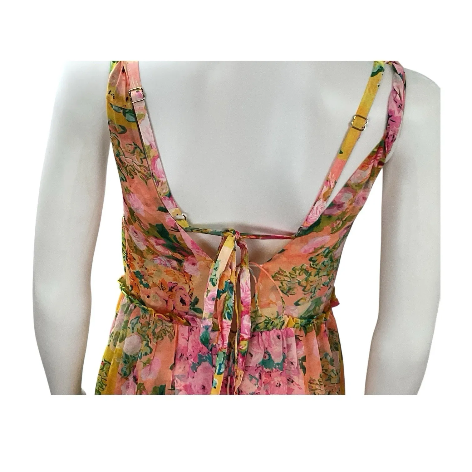 For Love & Lemons Madison Floral Chiffon Asymmetric Yellow Maxi Dress Small - Image 5