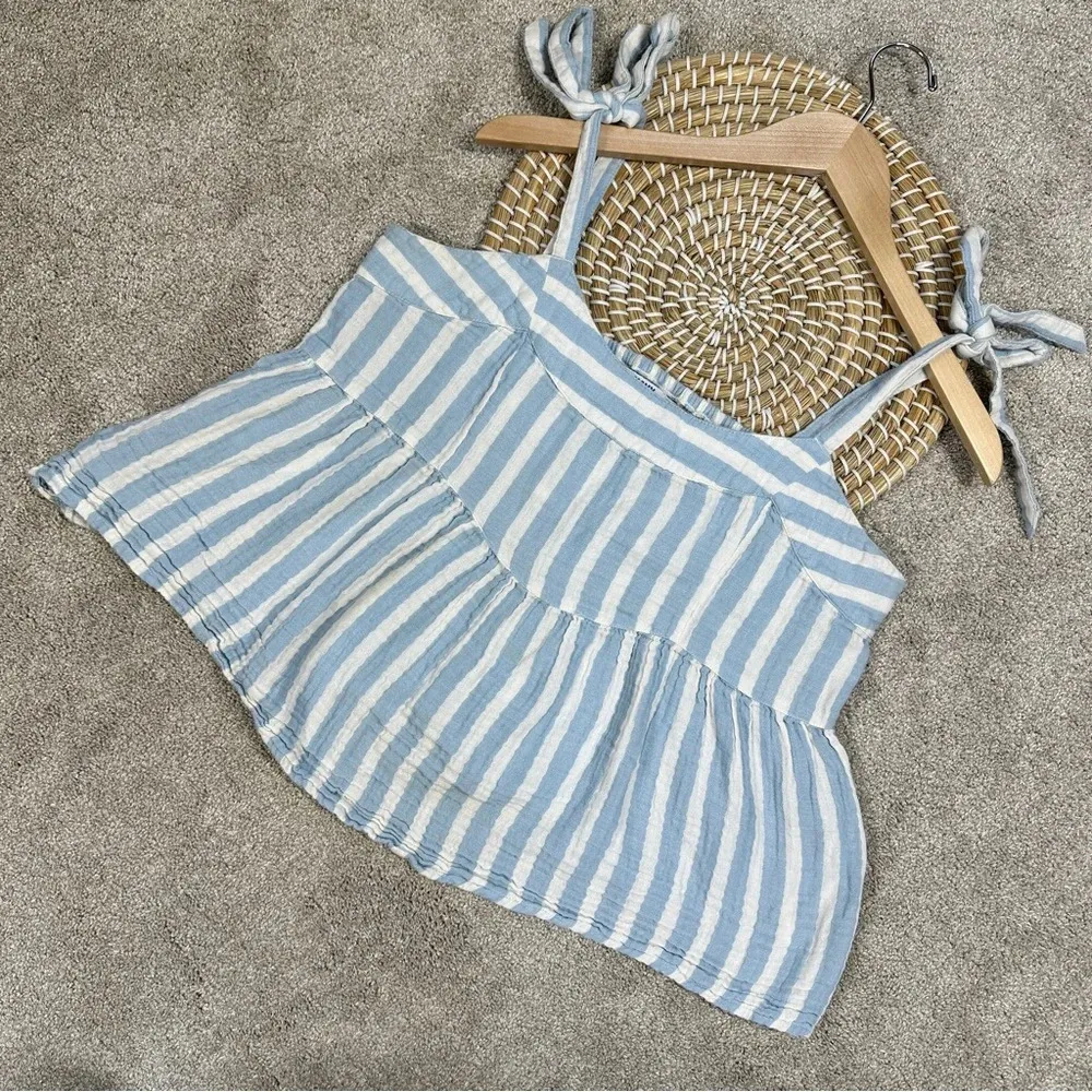 Old Navy Tie Shoulder Striped Smocked Babydoll Cami Swing Blouse Blue White L - Image 3
