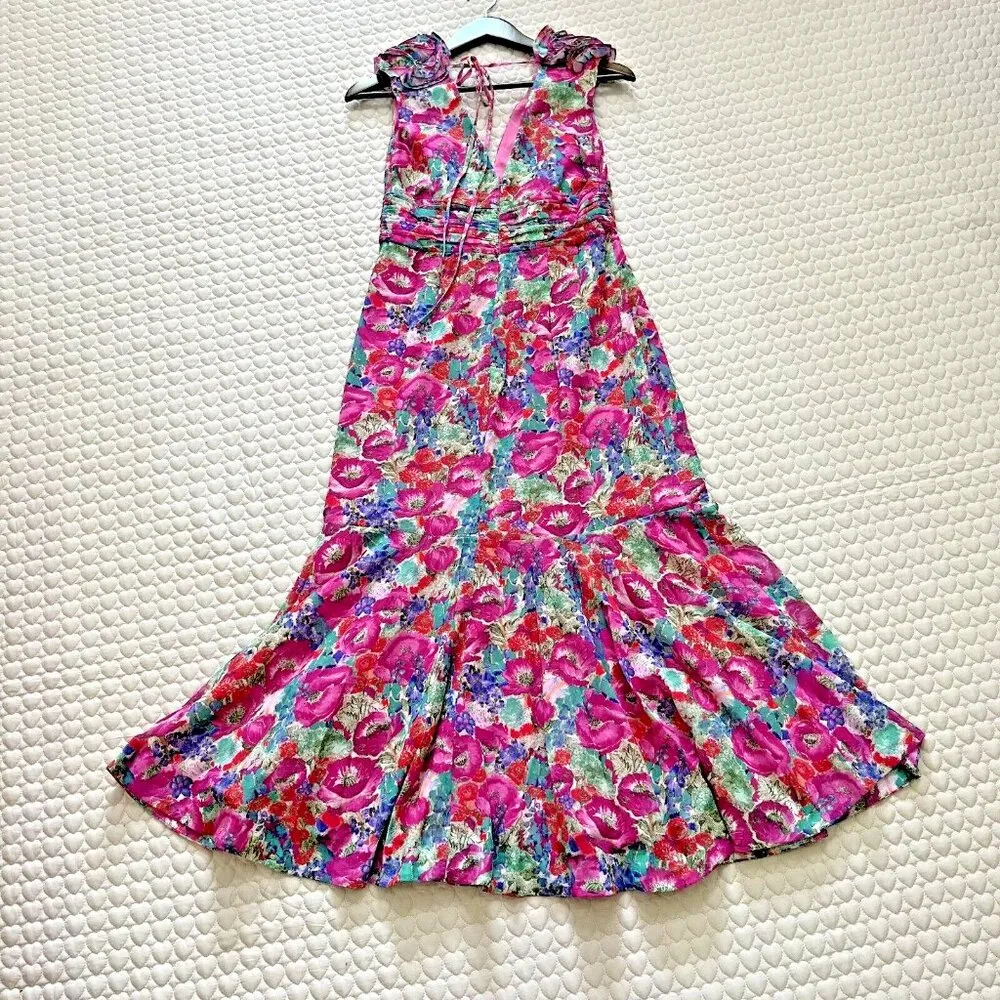 $548 NWOT Amur Womens 3D Flowers Below Knee Deep V Neck Floral Midi Dress 4 - Image 13