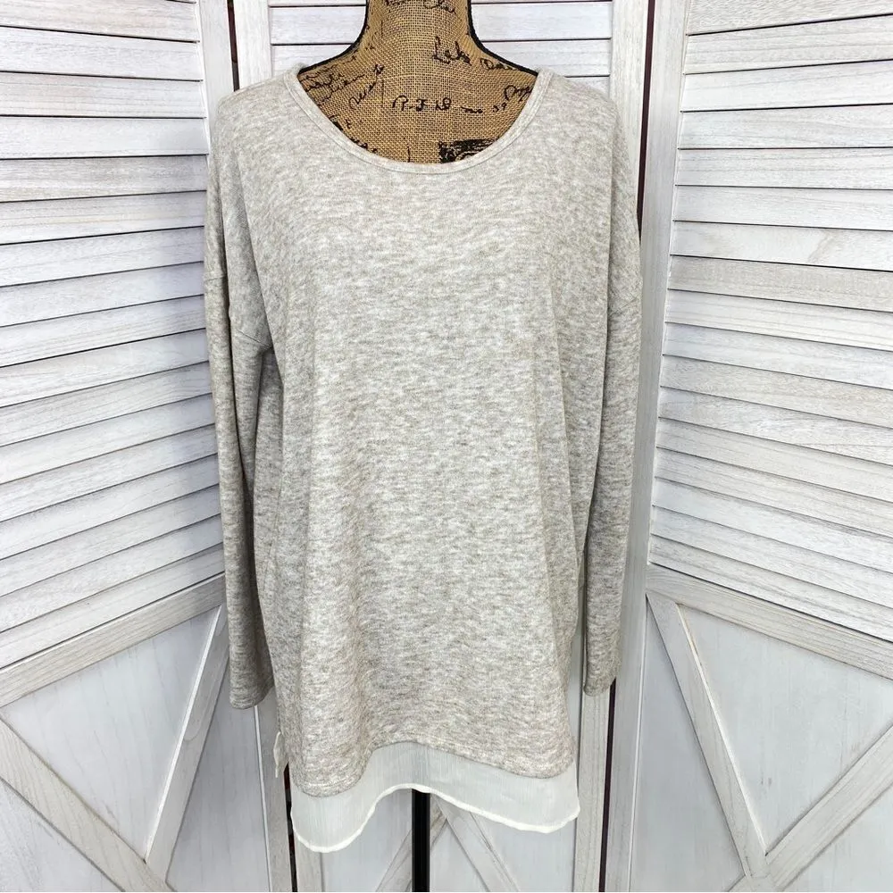 Silence + Noise UO Hannah Chiffon Trim Tunic Sweater Tan Beige Medium Pullover - Image 2
