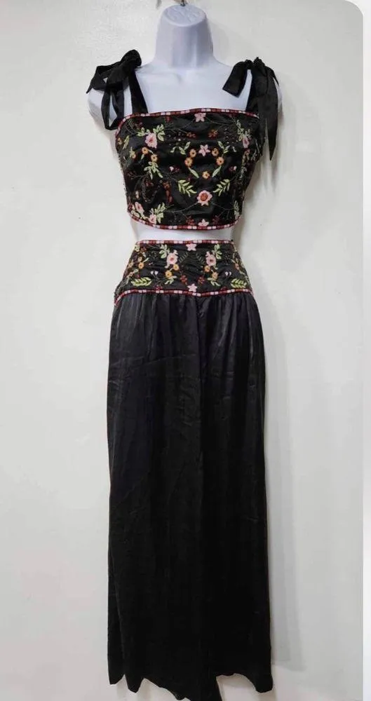 Free People Ensemble Petra Black Satin Pant Crop Top Set Embroidered Siz…0 B21 - Image 4