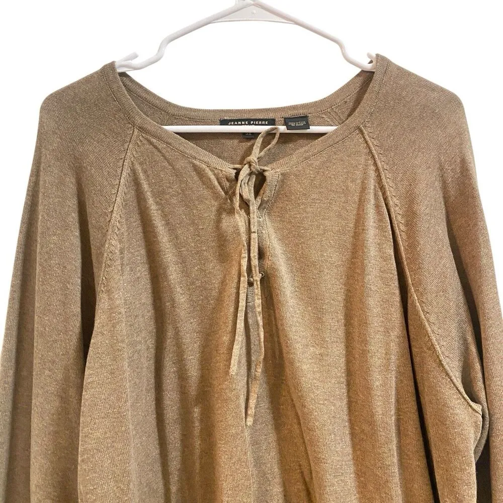 Jeanne Pierre Sweater Womens 3X Brown Distressed Lace Up V Neck Cozy Pullover - Image 2