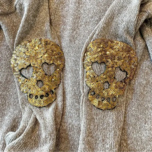 Shelly Brown & Gold Knit Sequin Skull Long Sleeve High Low Tunic Top Small - Image 2