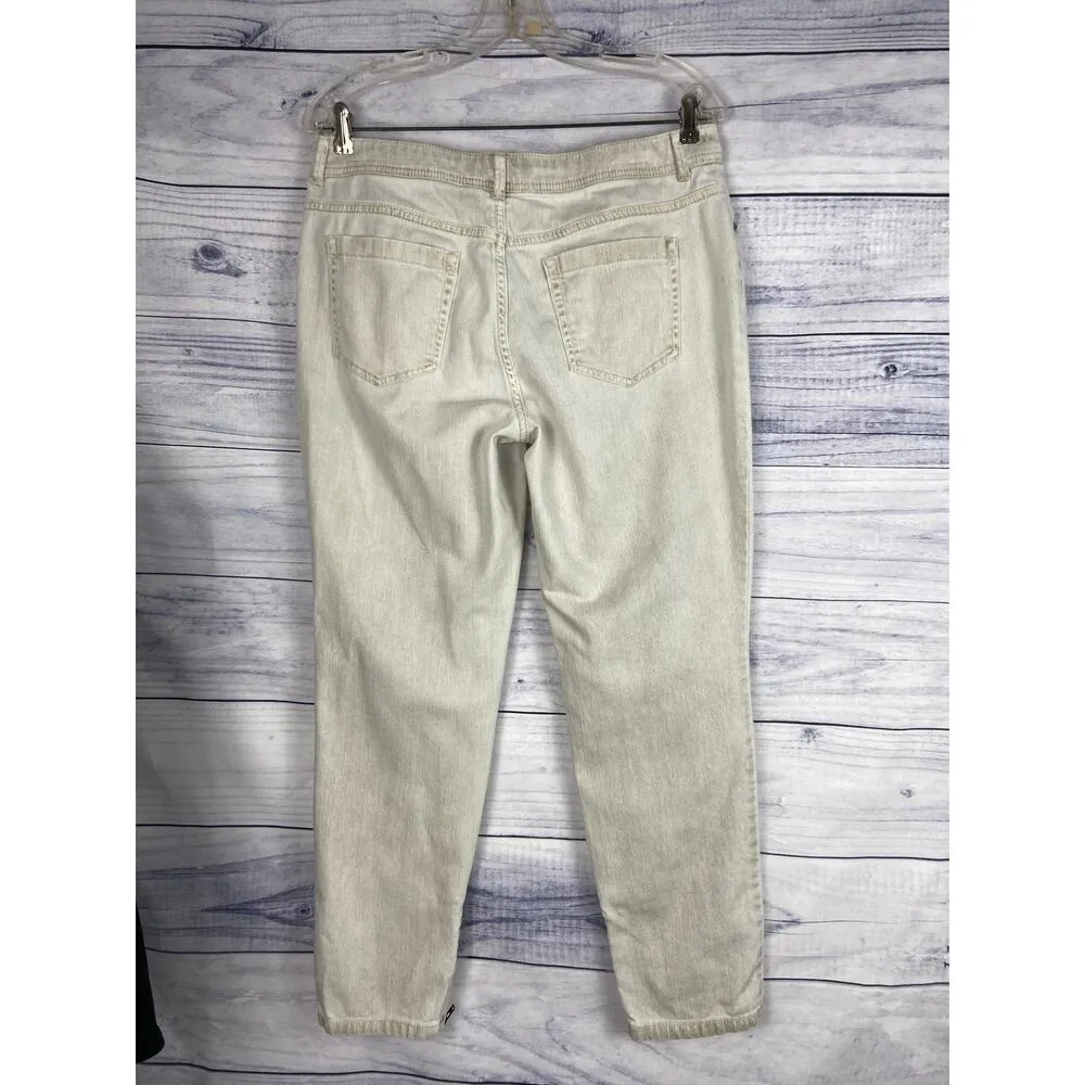 Chicos 1 Platinum Denim Jeans Womens M 5 Pocket Mid Rise Crop Ankle Zip Leopard - Image 2