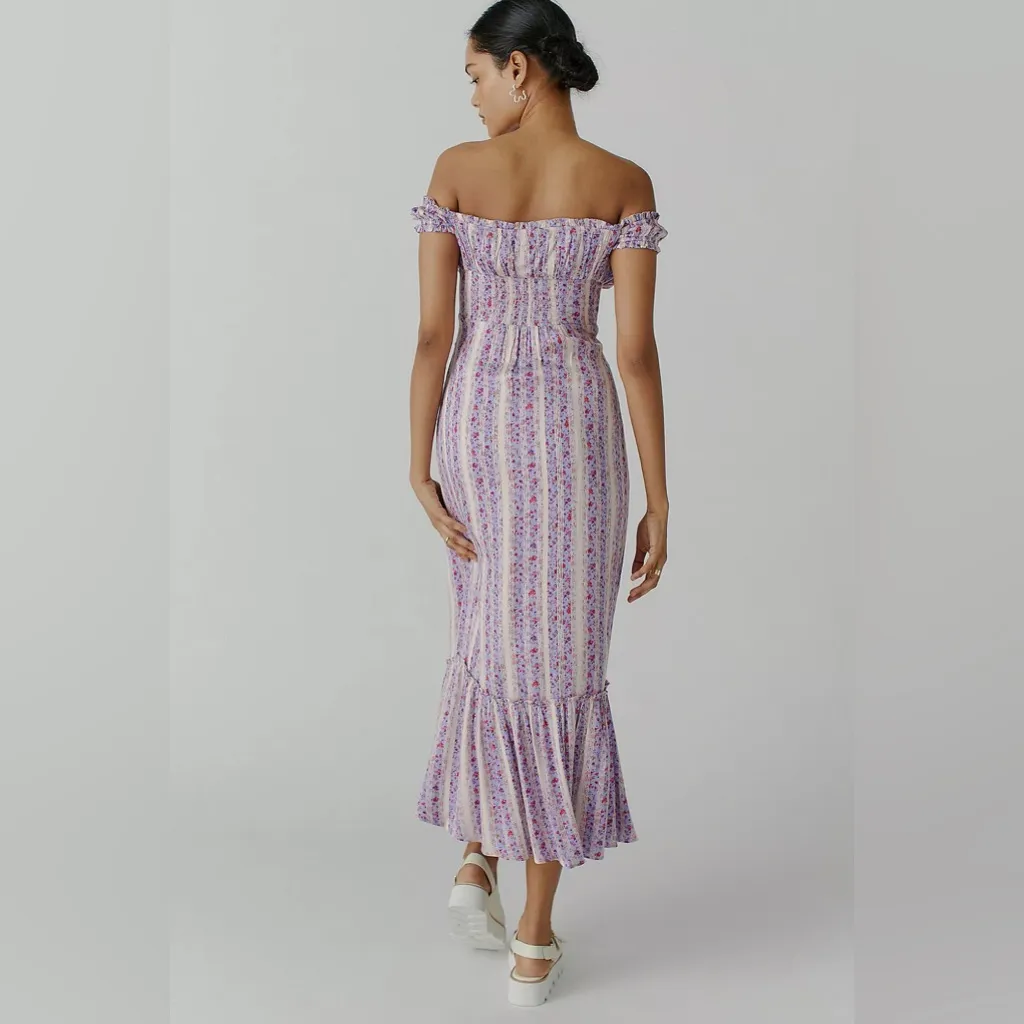 Urban Outfitters UO Olympia Lilac Floral Off-Shoulder Midi Dress Women’s‎ Large - Image 2