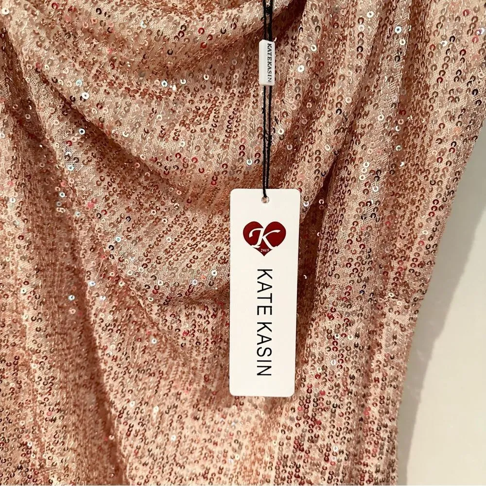 NWT Kate Kasin Sequin Glitter Party Dress One Shoulder Spaghetti Straps Size XL Gold - Image 6