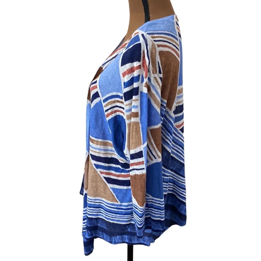 NIC + ZOE Seaglass abstract print linen blend open drapey cardigan size 1X - Image 4
