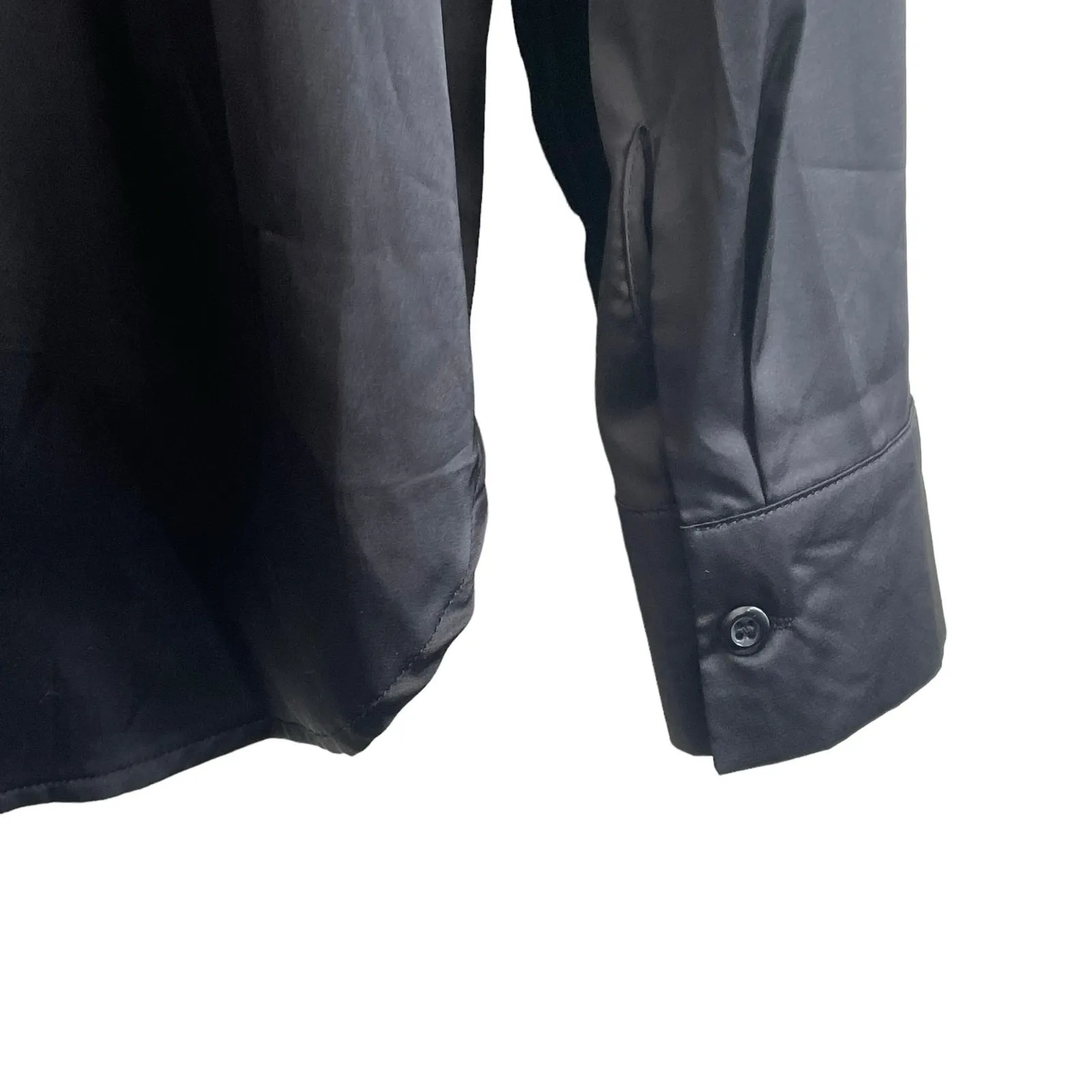 Black Satin Button Up Blouse XL High Low Hem Gothic Disco Clubwear Alt Night Out - Image 4