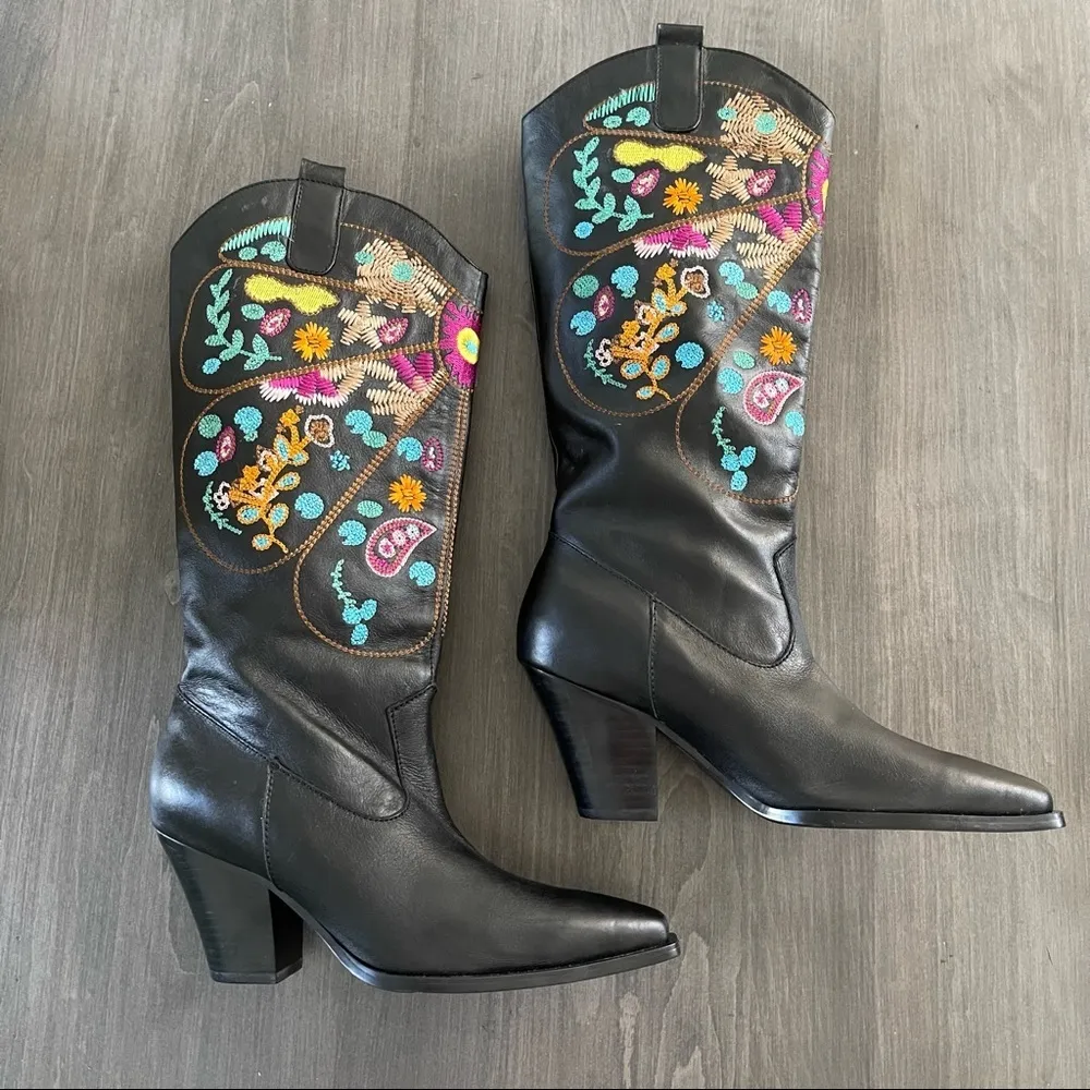 Black Vegan Leather western Cowgirl Boots Colorful Shaft Embroidery size 6.5 - Image 5