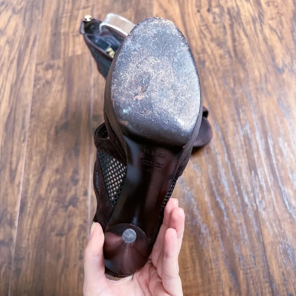 FENDI • Suede & Mesh Cage Sandals platform chocolate brown leather - Image 8