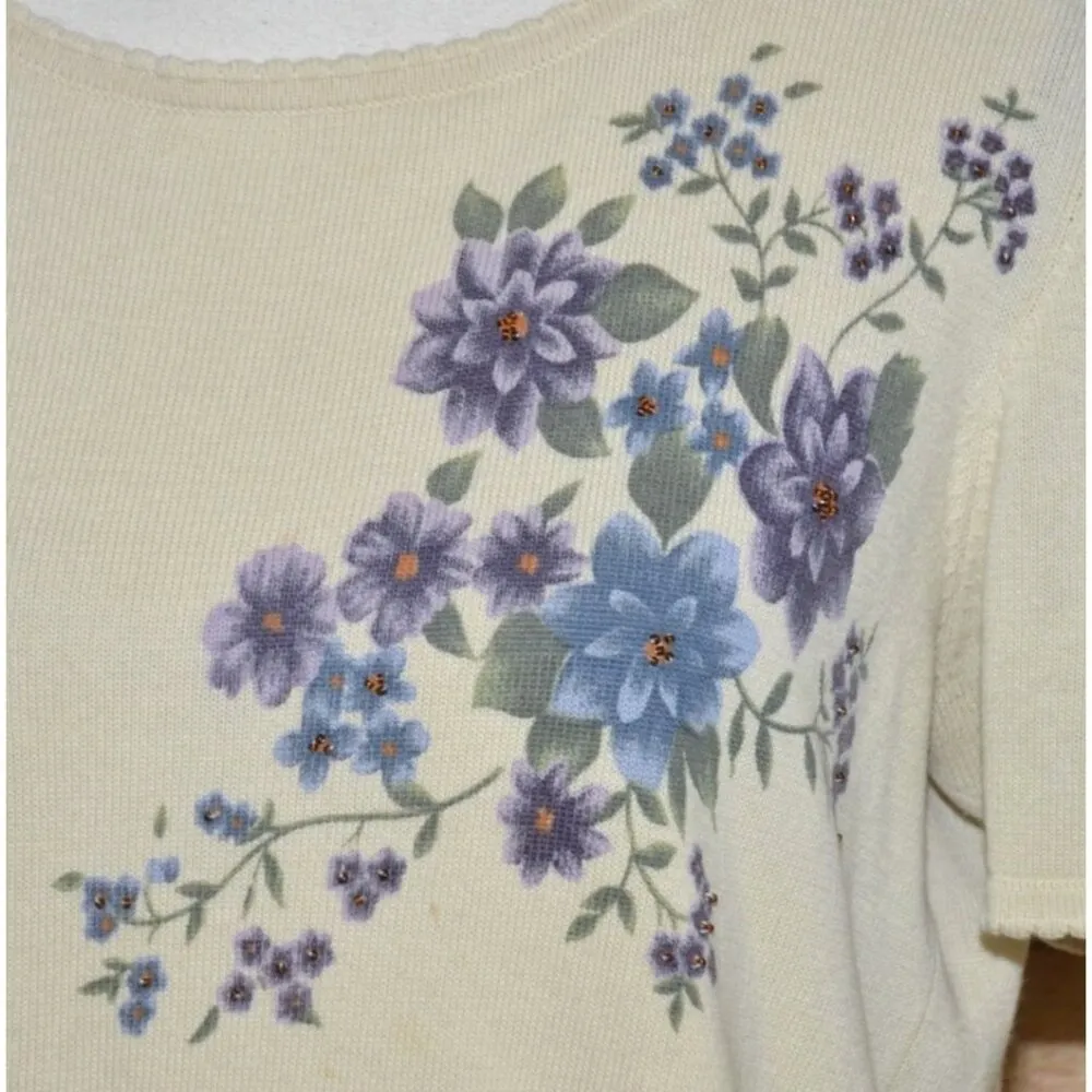 Alfred Dunner Size L LP Petite Short Sleeve Floral Sweater Cream Blue Purple Size L - Image 4