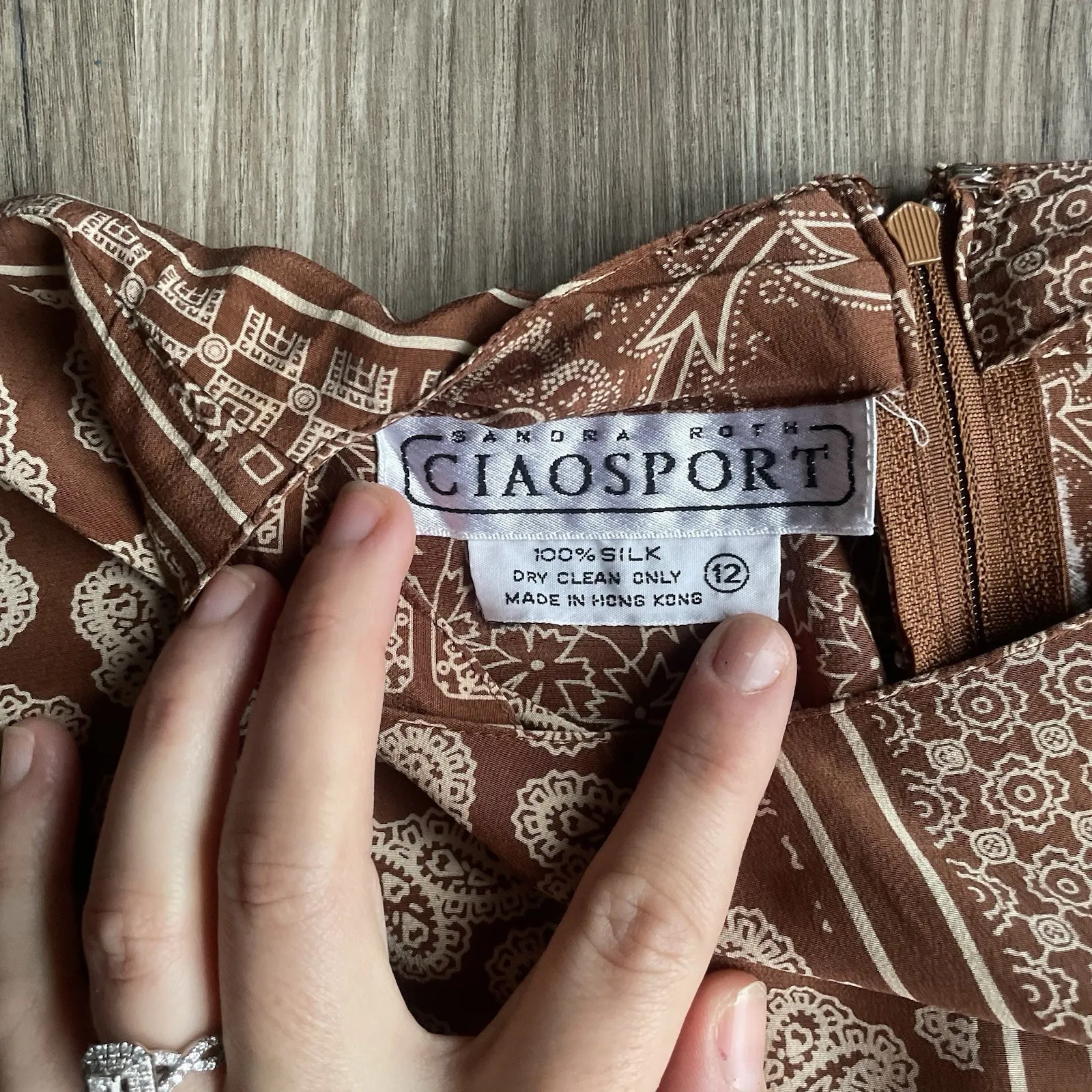 Vintage Caio Sport Womens Brown Paisley Mixed Media Western 100% Silk Blouse 12 - Image 2