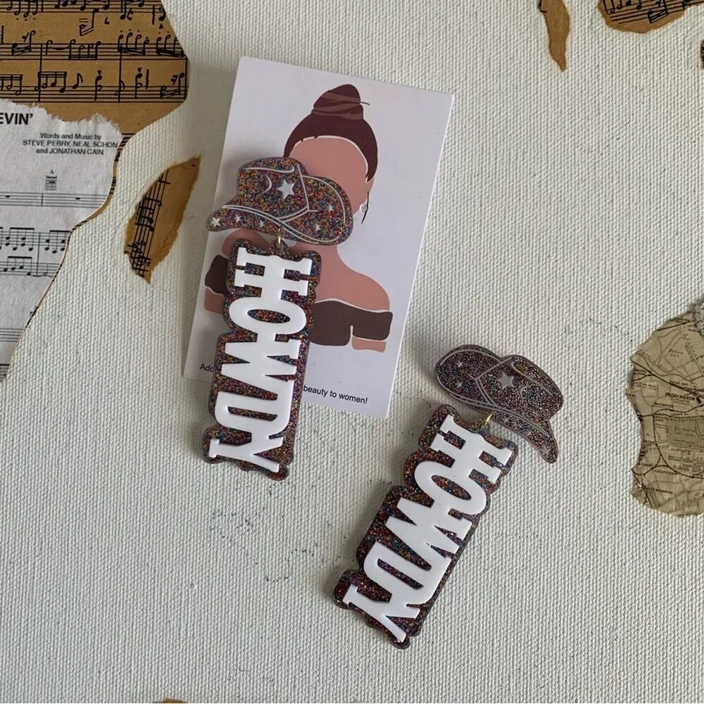 Disco Cowgirl Howdy Multicolor Glitter Charm Drop Festival Statement Earrings - Image 3