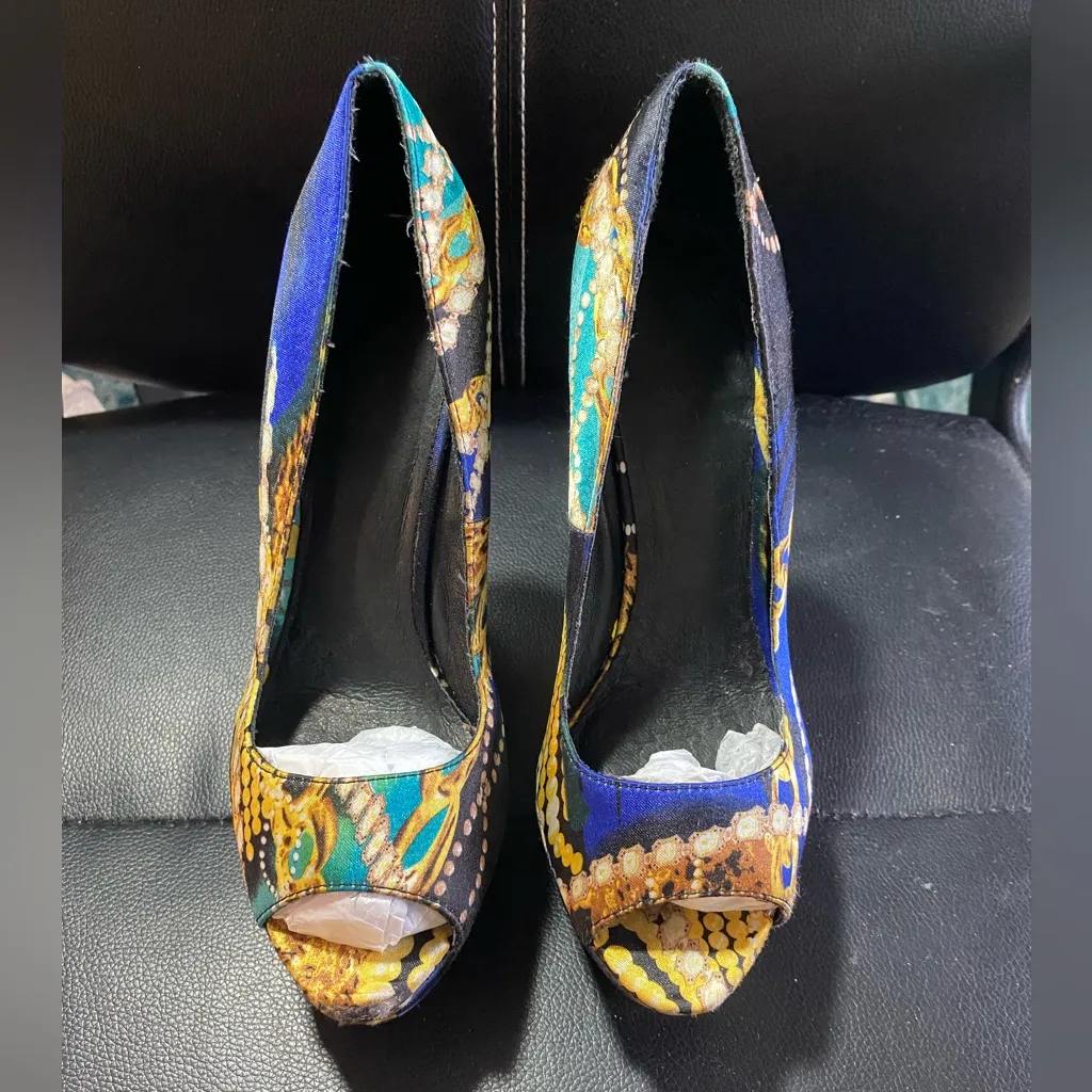 Aldo Satin Printed Fabric Jewel Tone Colorful Peep-Toe Platform Wedges Size 38 - Image 3