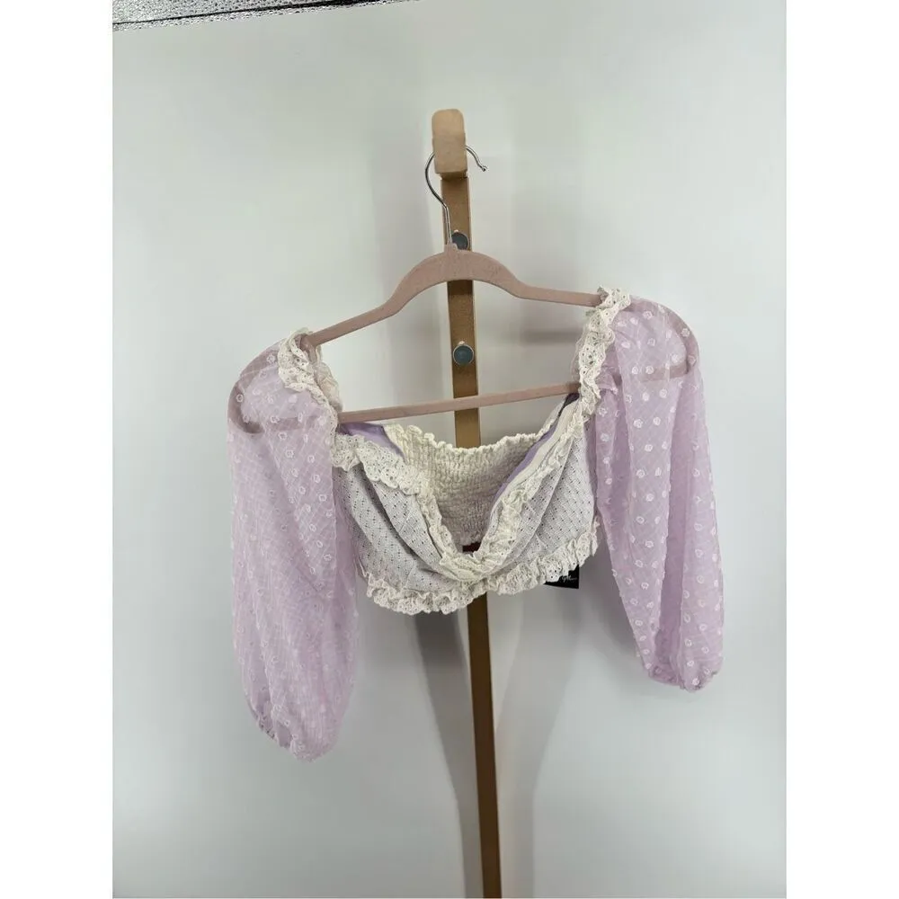 Nasty Gal Edge Your Bets Purple White Off Shoulder crop top size 4 NWT - Image 4