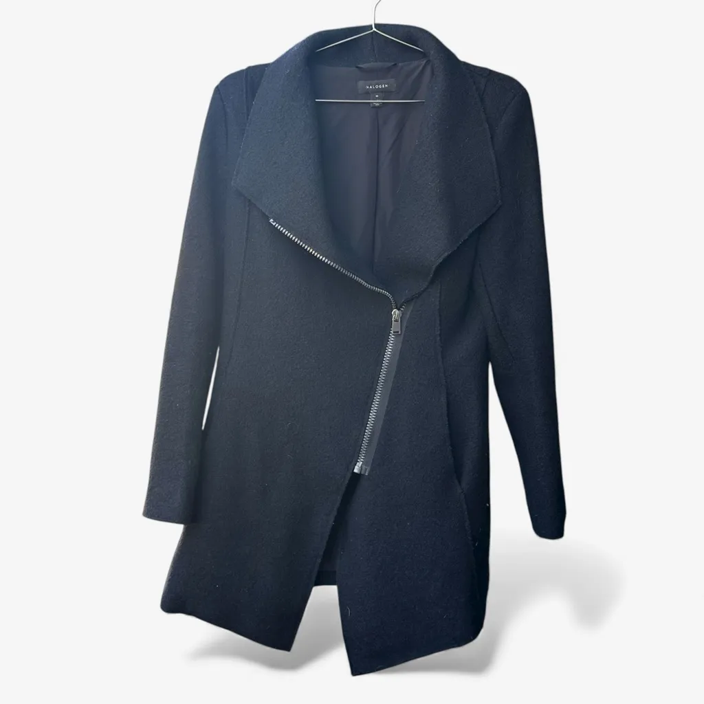 Halogen Asymmetrical Zip Boiled Wool Blend Black Coat Size M - Image 3