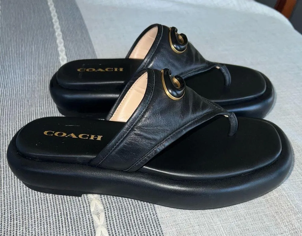 Coach Womens Sylvie Leather Black Leather Thong Flatform Sandals Shoes NWOB - Image 4