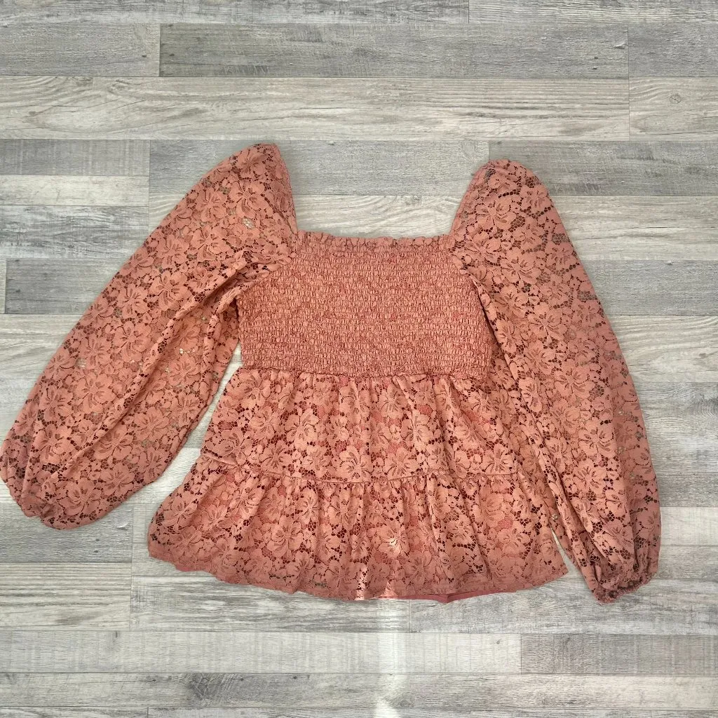 Andree By Unit Pink Lace Smocked Top Babydoll, Lace Sleeve S22 - Image 6