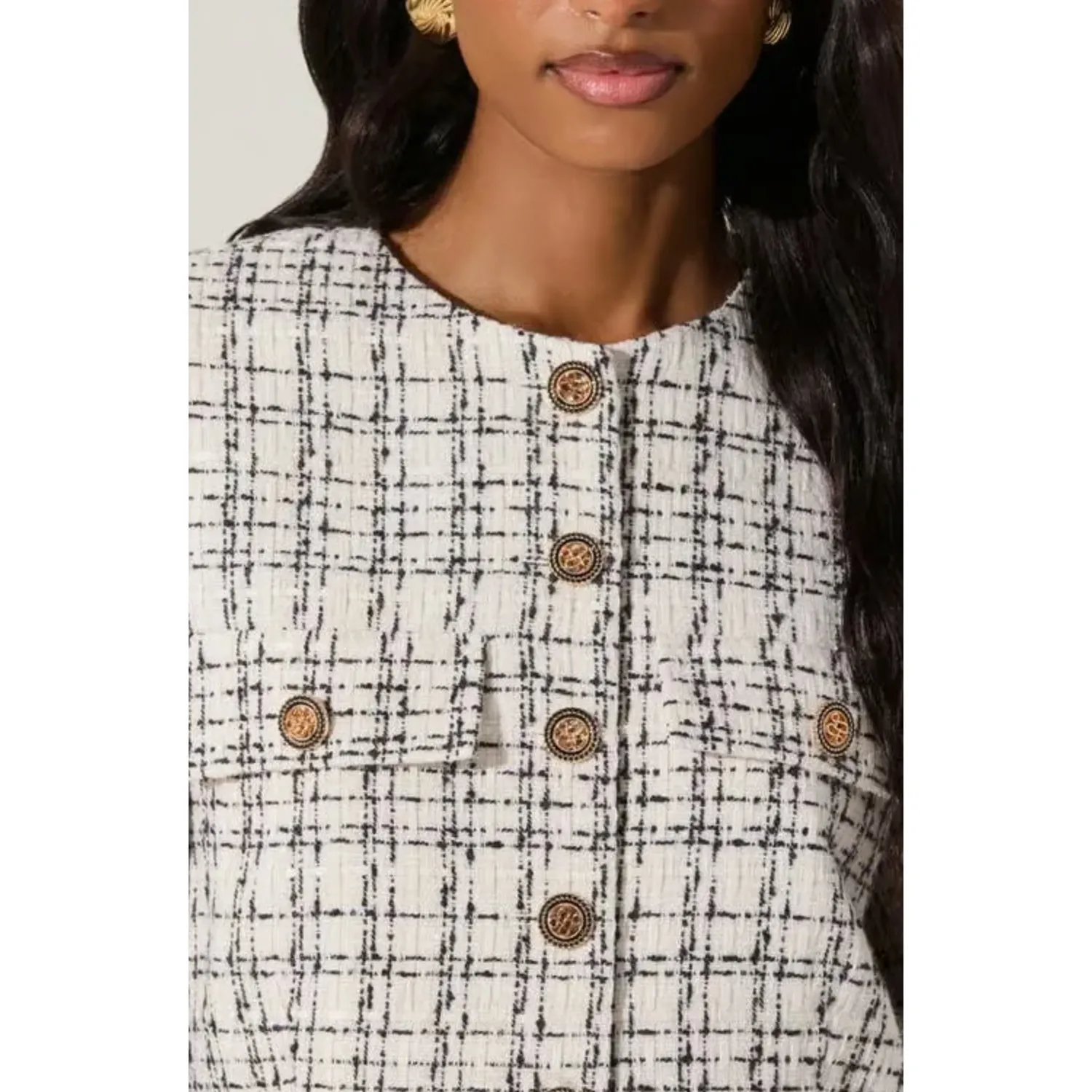 ASTR THE LABEL Tweed Crop Jacket in White Black Size Small - Image 2