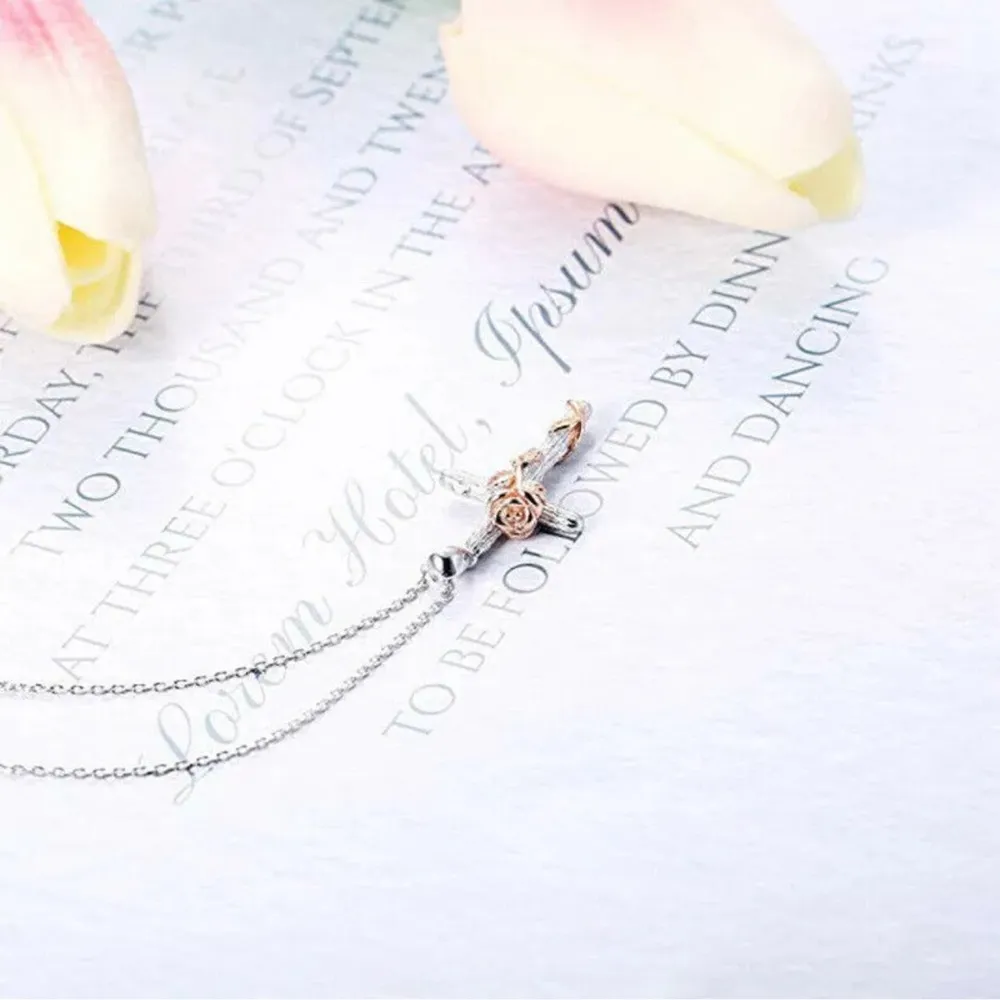 White Gold and Rose Gold Cross and Rose Necklace NWT - Image 4