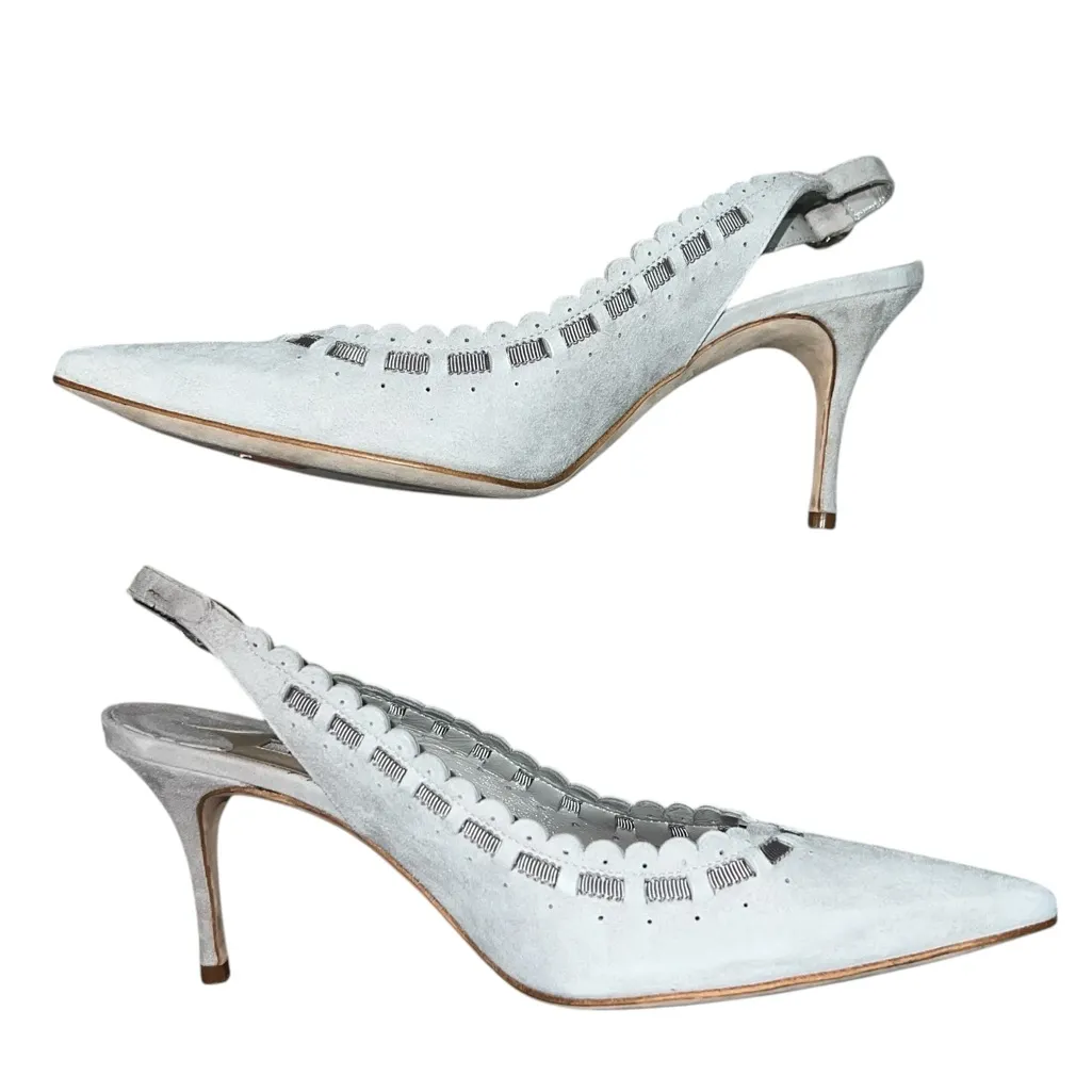 NEW NIB Manolo Blahnik Ciabol Scalloped Slingback Pointed Toe Pumps Gray Suede - Image 6