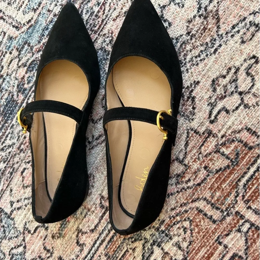 Boden Flat Buckle Mary Jane Ballet Flats Size 37 Suede Black Pointed Toe Shoes - Image 3