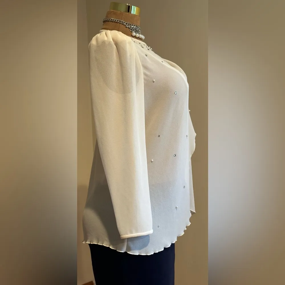 Ann Hobbs For Cattiva Cream Sheer Shoulder Pads Dimond Sequence & Pearls Sz M/L Size L - Image 3
