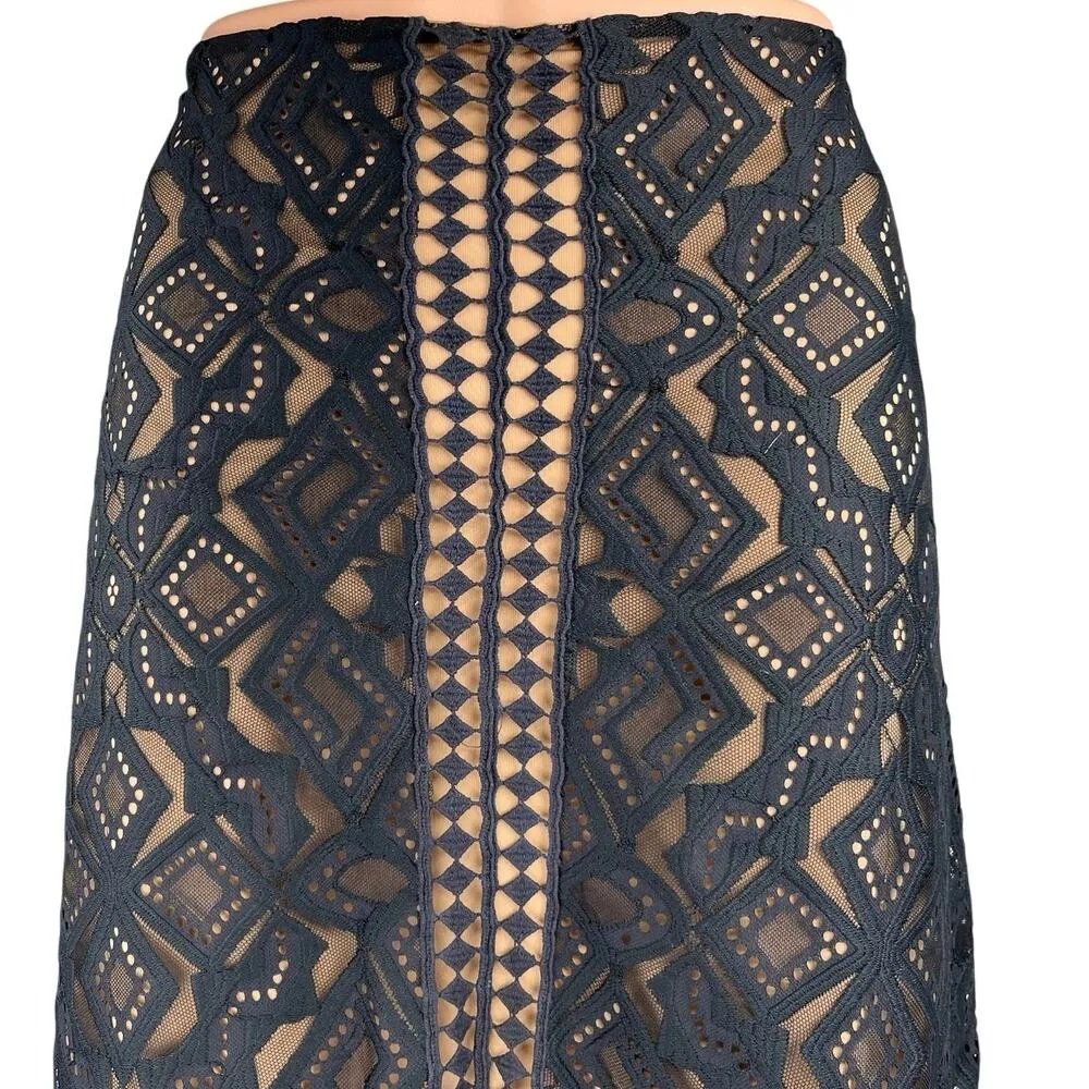 For Love & Lemons Black Nude Lace Crochet Pompom Mini Straight Pencil Skirt M - Image 4