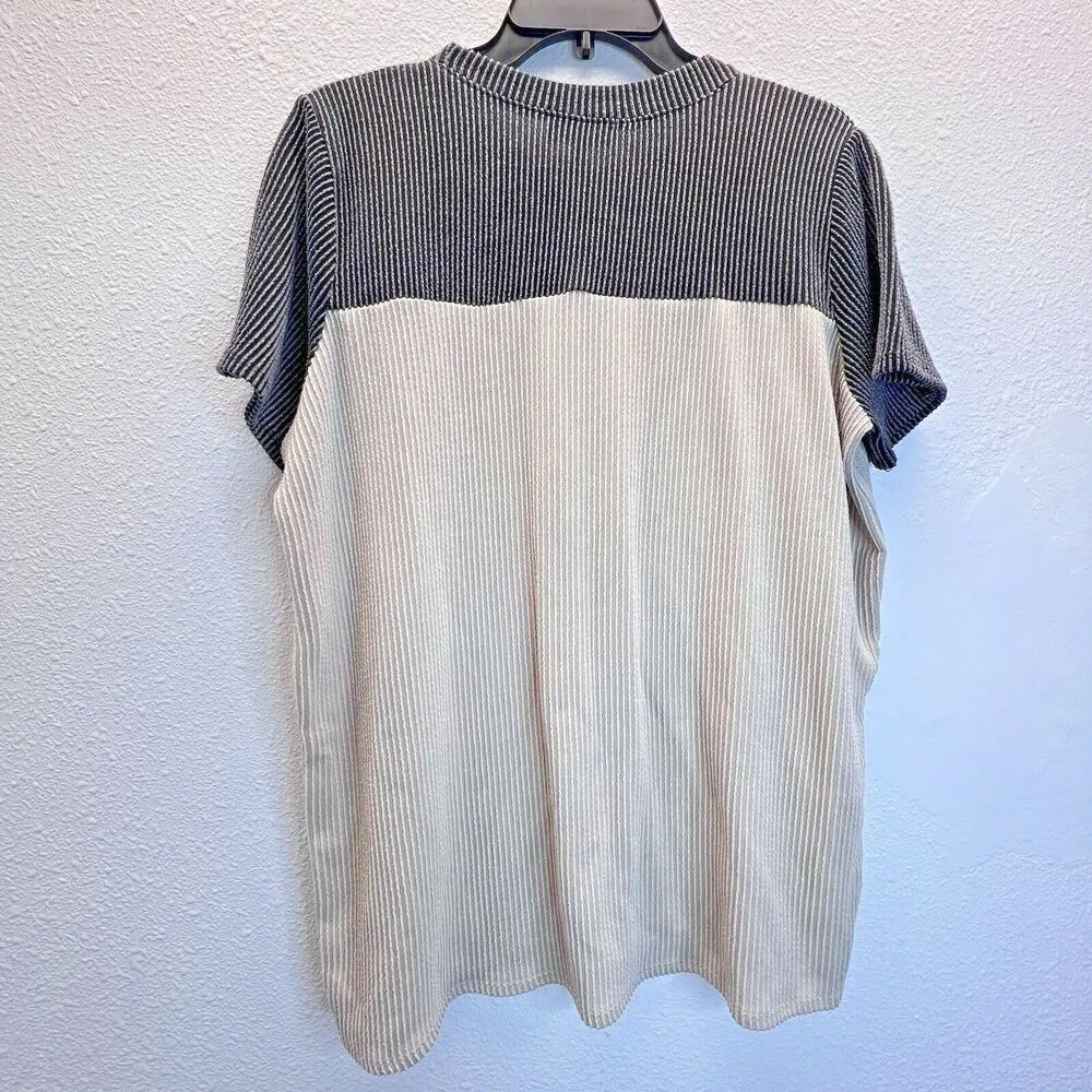 Bohme women blouse top short sleeve casual comfortable cream grey XL. - Image 6
