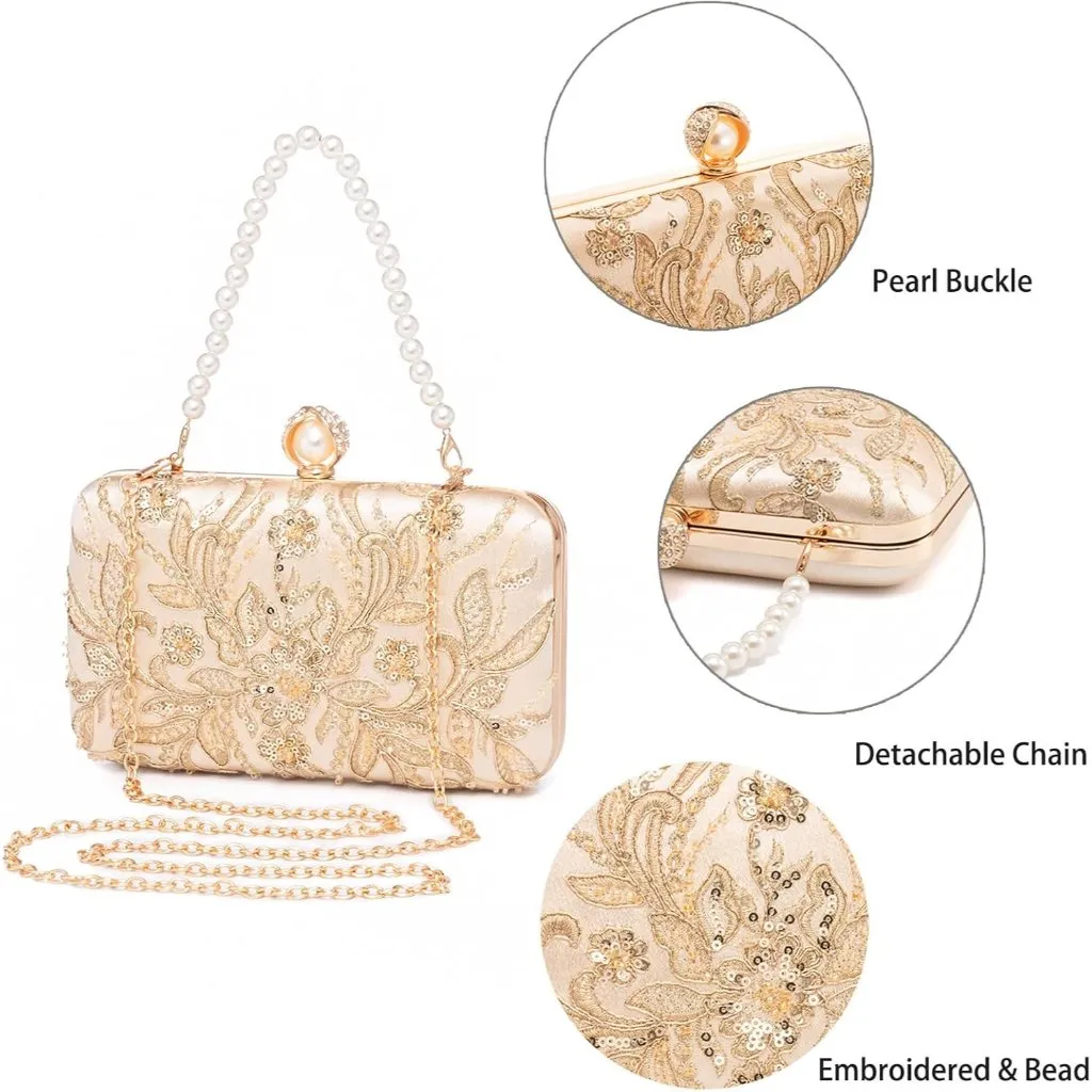 ⚡ Women's Evening Sequins Beaded Decent Designed Embroidery Gold Clutch Handbag - Image 2