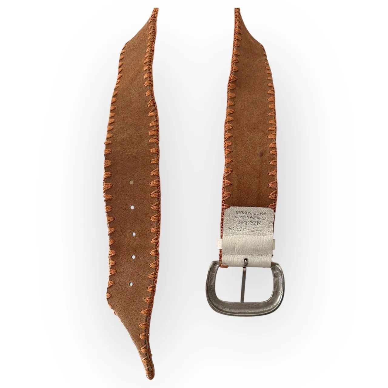 Vintage White Brown Genuine Leather Floral Whipstitch Belt Flowers Applique 90’s - Image 9