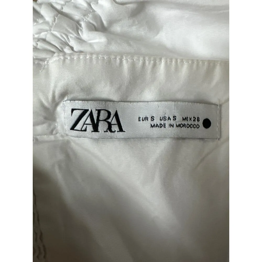 Zara Ruffle One Shoulder Poplin Asymmetric Top Smocked Back in white size small - Image 10