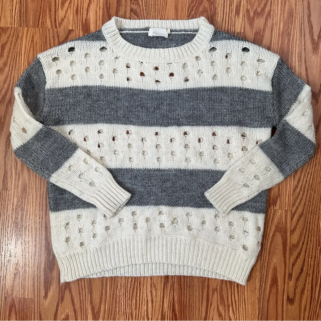 Lush Open Knit Striped Sweater S Soft Cream & Charcoal Coastal Grandma Pullover - Image 12