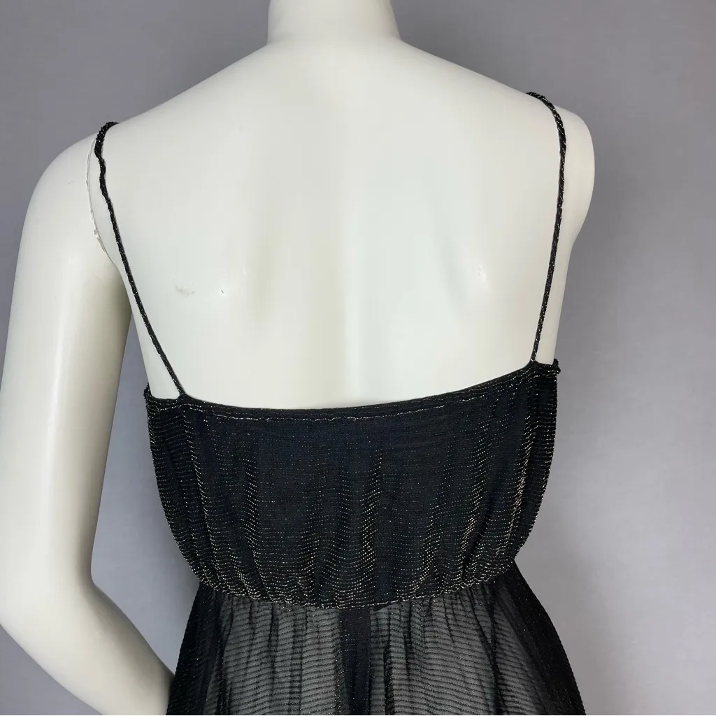Vintage 70s Dress Metallic Gold Black Wounded Bird FLAWS Spaghetti Straps Pleats Size XS - Image 7