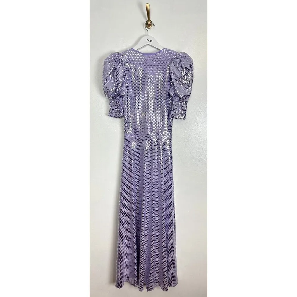 ROTATE Sierina Ruched Puff Sleeve Metallic Midi Dress in Purple Size US 0 - Image 11