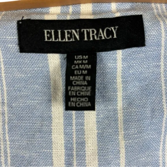 Ellen Tracy Roll Tab Linen Blazer Blue White Stripped sz M Coastal Nautical - Image 5