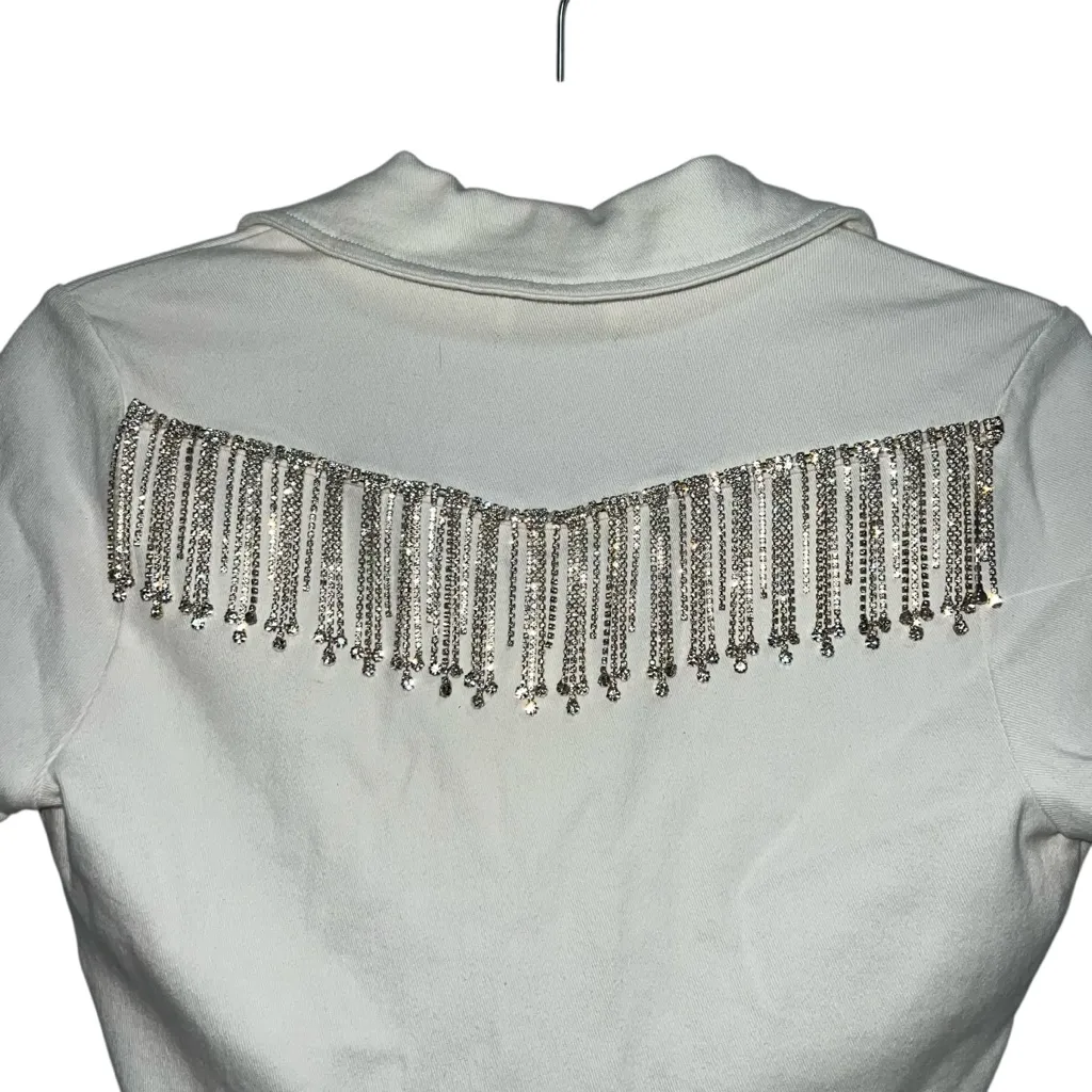 NEW NWT Show Me Your Mumu Outlaw Romper White Rhinestone Fringe Denim - Image 13