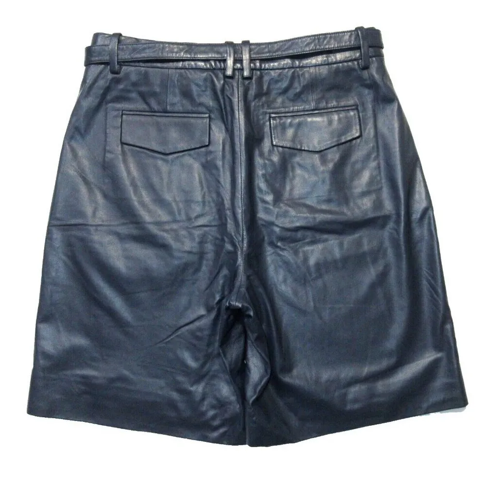 NWT J.Crew Collection Pleated Trouser Short in Navy Leather Belted Shorts 6 $428 - Image 6
