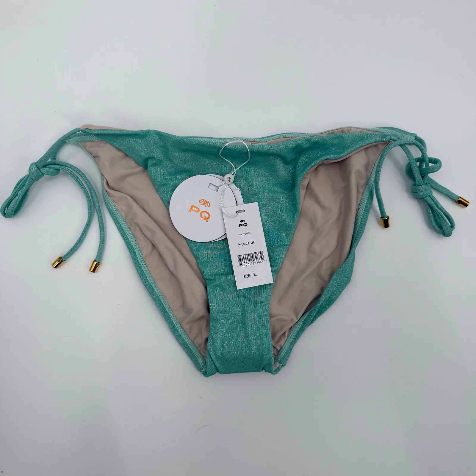 PQ SWIM PILYQ Bikini Bottoms SZ Large NWT Divine Tie Side Full Aqua Blue Shimmer - Image 12