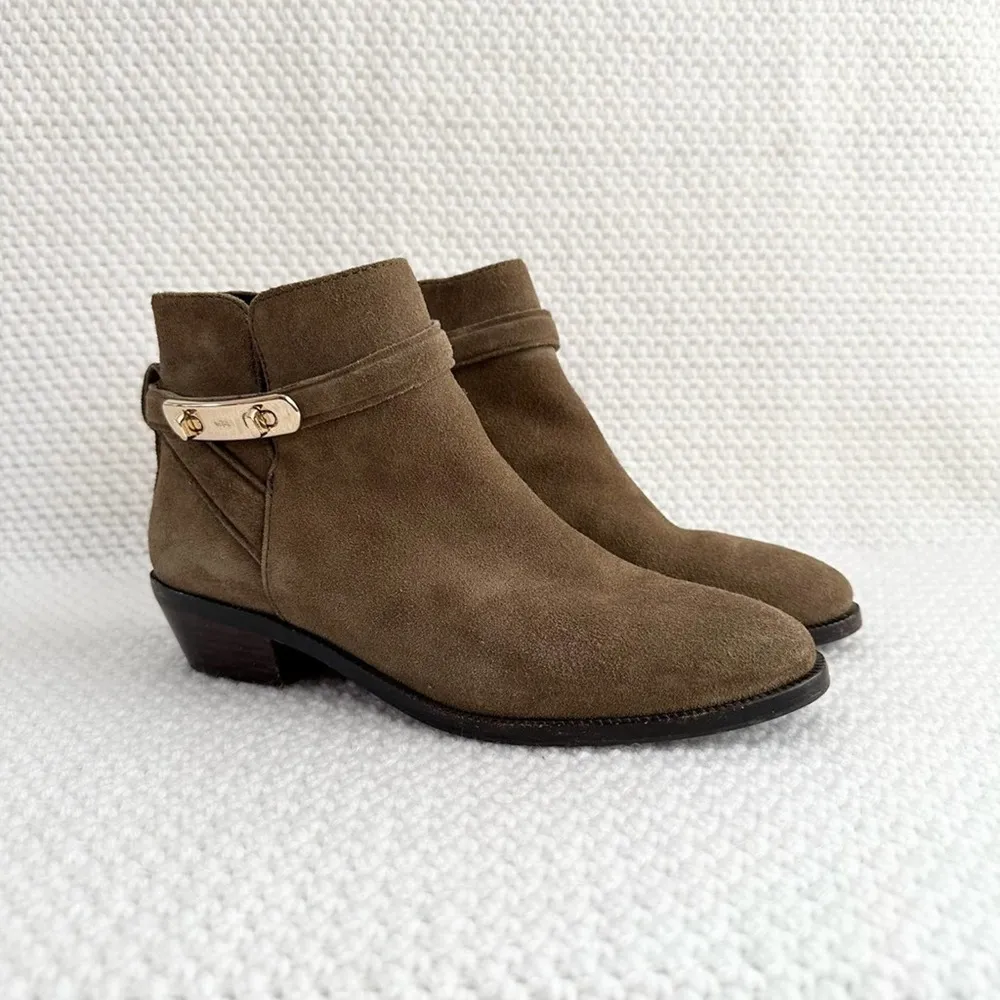 Coach  COLLEEN Taupe Khaki Green Suede Turnlock Buckle Almond Toe Ankle Boot 6 - Image 2