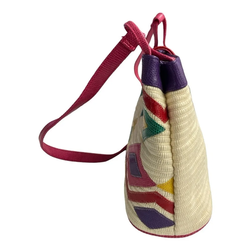 Vintage geometric 1980's multicolor leather and Straw bag/ purse, crossbody Pink - Image 4