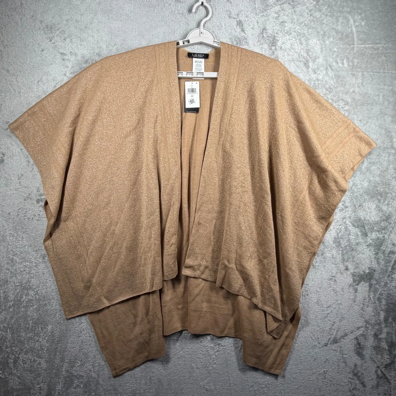 Lauren Ralph Lauren Tan Metallic Knit Poncho One Size Gold Shimmer Cape Wrap Top - Image 2