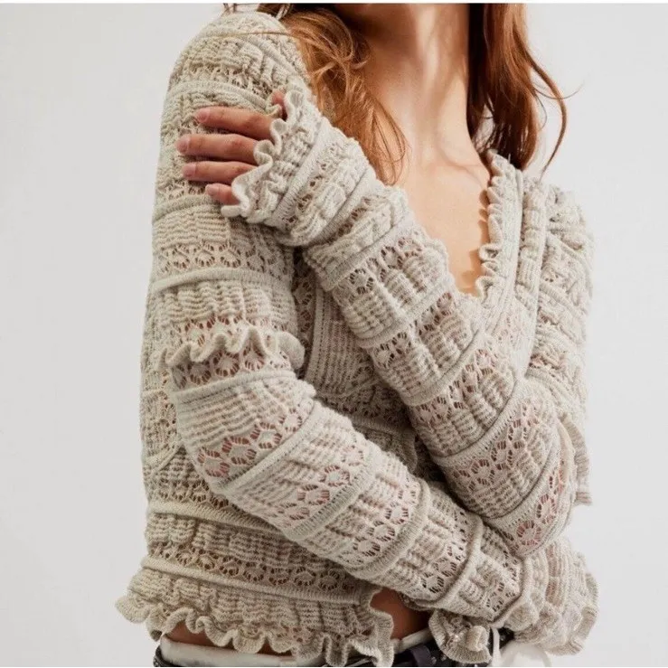 Free People Wild Roses Cardigan Taupe Grey M Boho Cottagecore Festival Whimsical - Image 3