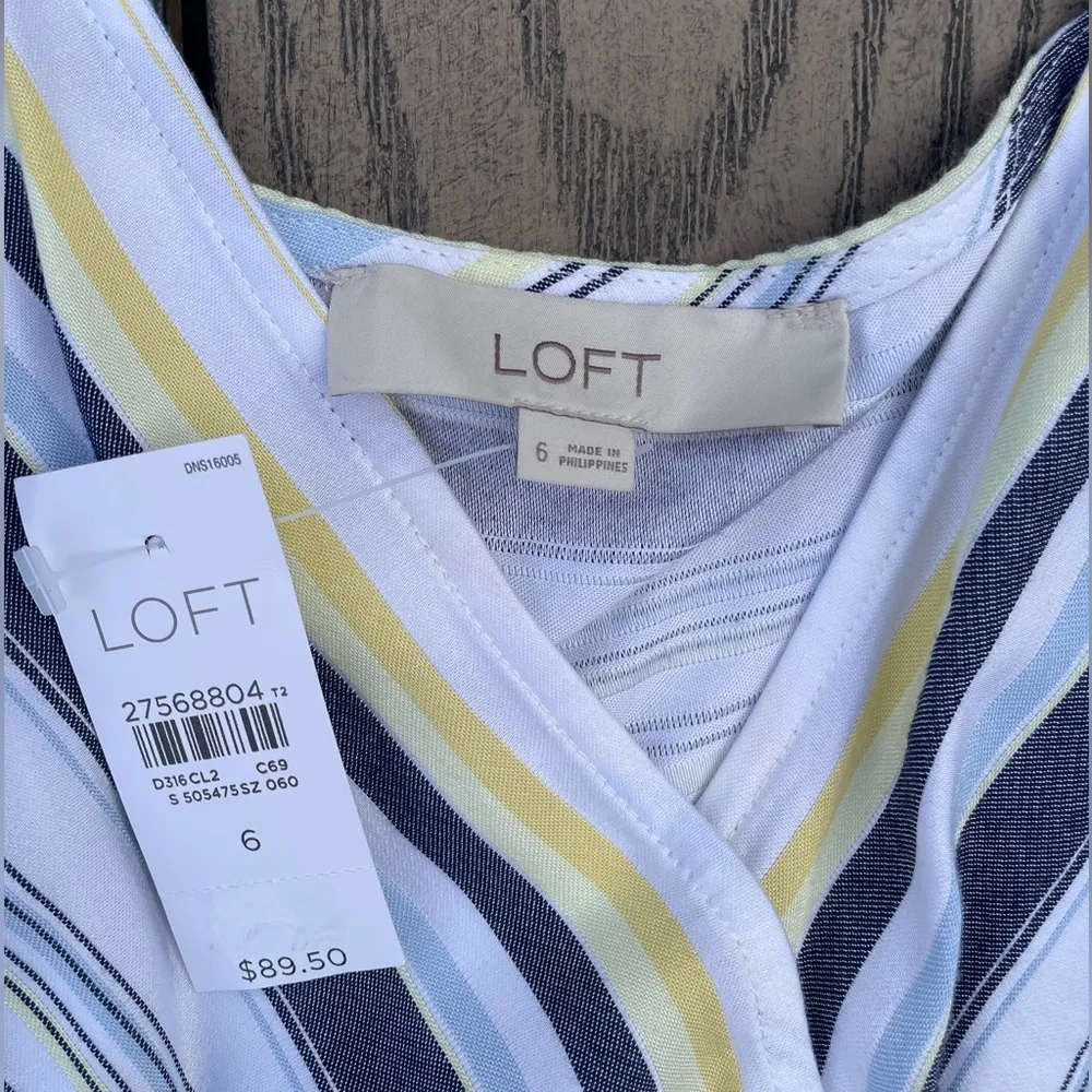 NWT Striped Loft Wrap Mini Dress Size 6 100% Rayon white blue and yellow stripes - Image 7